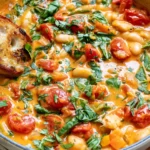 Creamy Tomato White Bean Stew with cannellini beans, cherry tomatoes, spinach, fresh basil, and toasted bread