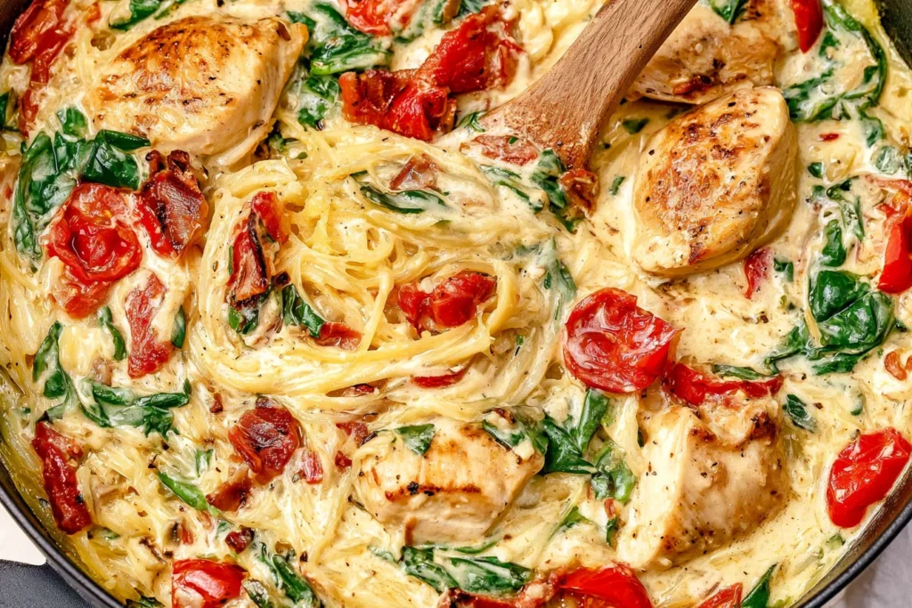 Tuscan Chicken and Spaghetti Squash with golden chicken, spinach, sun-dried tomatoes, and creamy Parmesan sauce.