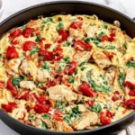 Tuscan Chicken and Spaghetti Squash with creamy Parmesan sauce, spinach, sun-dried tomatoes, and tender chicken in a skillet.