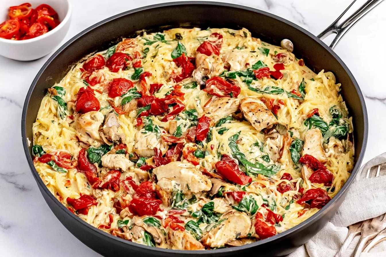 Tuscan Chicken and Spaghetti Squash with creamy Parmesan sauce, spinach, sun-dried tomatoes, and tender chicken in a skillet.