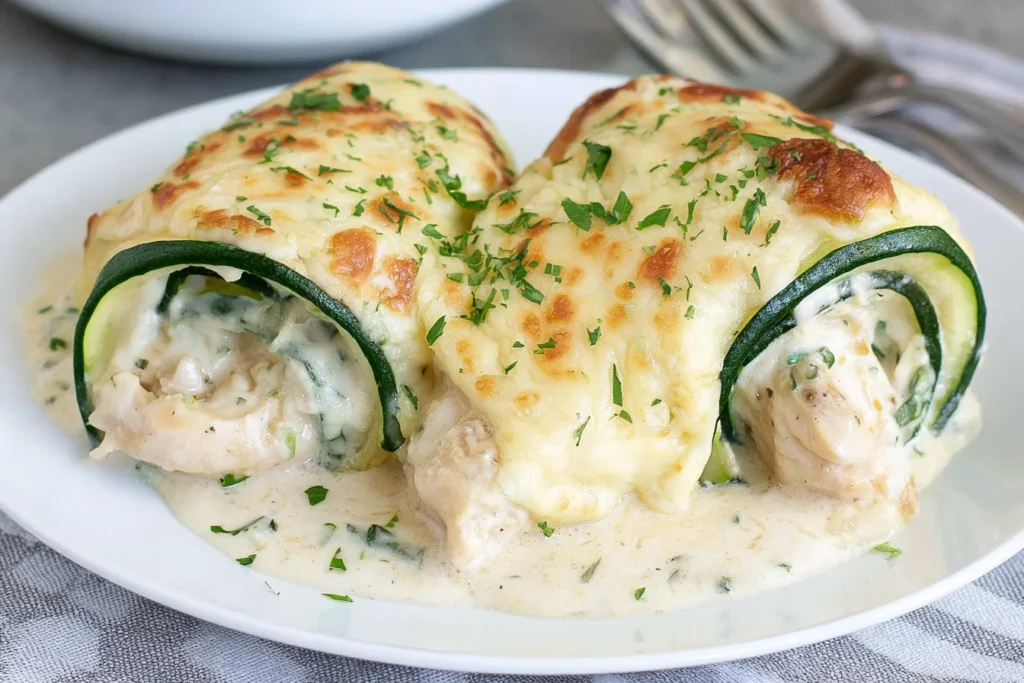 Zucchini Chicken Alfredo Roll Ups with creamy chicken filling, melted cheese, Alfredo sauce, and fresh parsley.