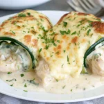 Zucchini Chicken Alfredo Roll Ups with creamy chicken filling, melted cheese, Alfredo sauce, and fresh parsley.