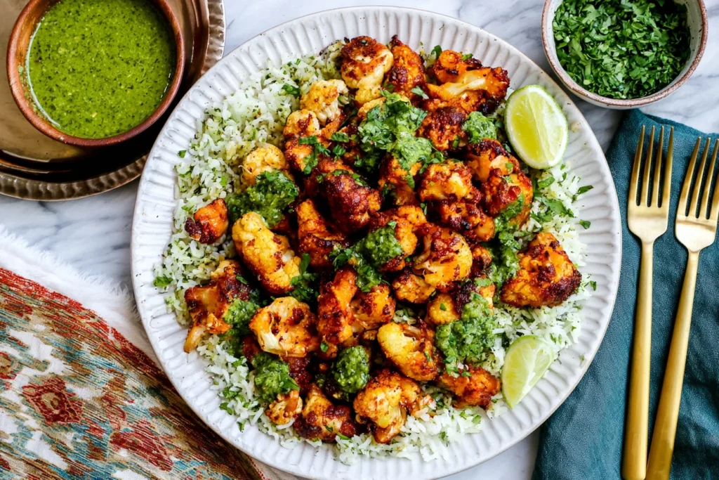 Roasted Cauliflower with Chimichurri Rice topped with crispy spiced cauliflower, fresh cilantro, green chimichurri, and lime wedges