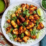 Roasted Cauliflower with Chimichurri Rice topped with crispy spiced cauliflower, fresh cilantro, green chimichurri, and lime wedges