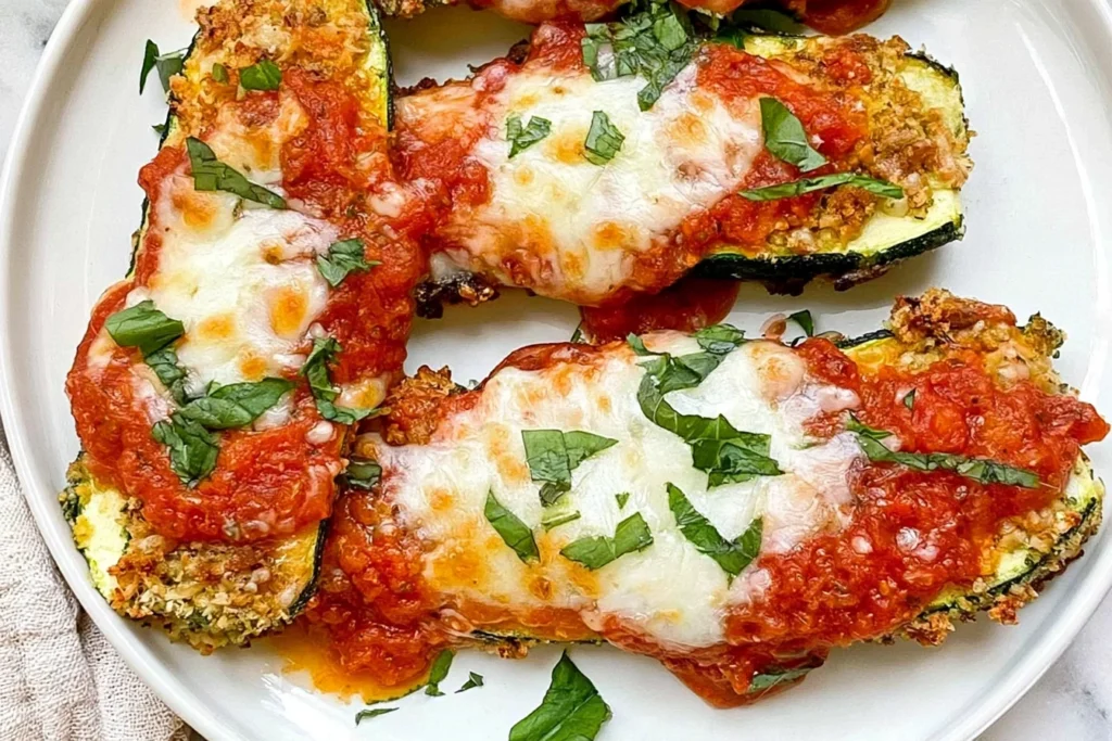 Three Cheese Zucchini Parmesan topped with marinara sauce, melted cheese, and fresh herbs on a white serving plate.