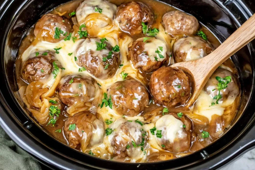 Crock Pot French Onion Meatballs with caramelized onions, savory gravy, melted Gruyere cheese, and fresh parsley.