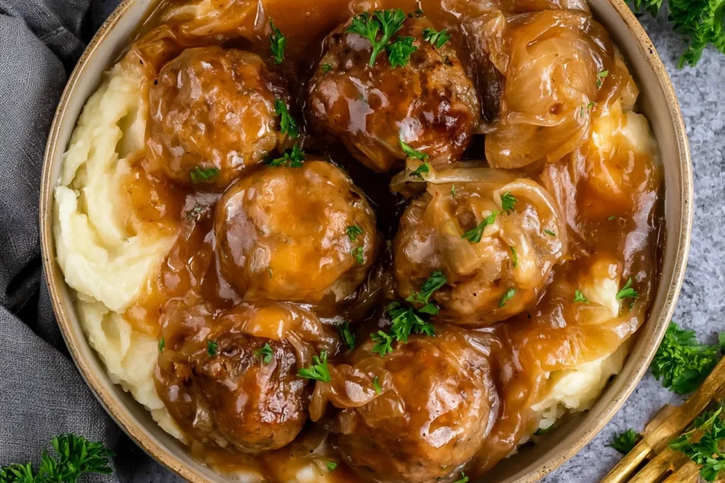 Crock Pot French Onion Meatballs served over creamy mashed potatoes with rich onion gravy and fresh parsley.