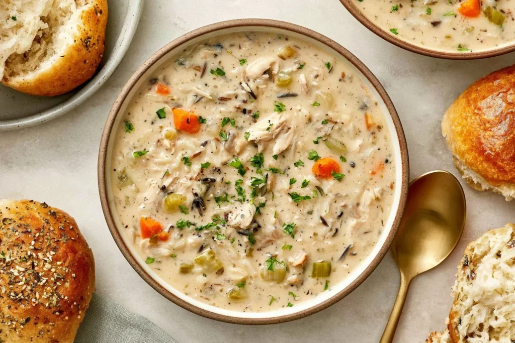 Crockpot Chicken Wild Rice Soup with shredded chicken, wild rice, carrots, celery, and herbs in a creamy broth