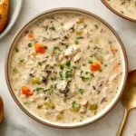 Crockpot Chicken Wild Rice Soup with shredded chicken, wild rice, carrots, celery, and herbs in a creamy broth