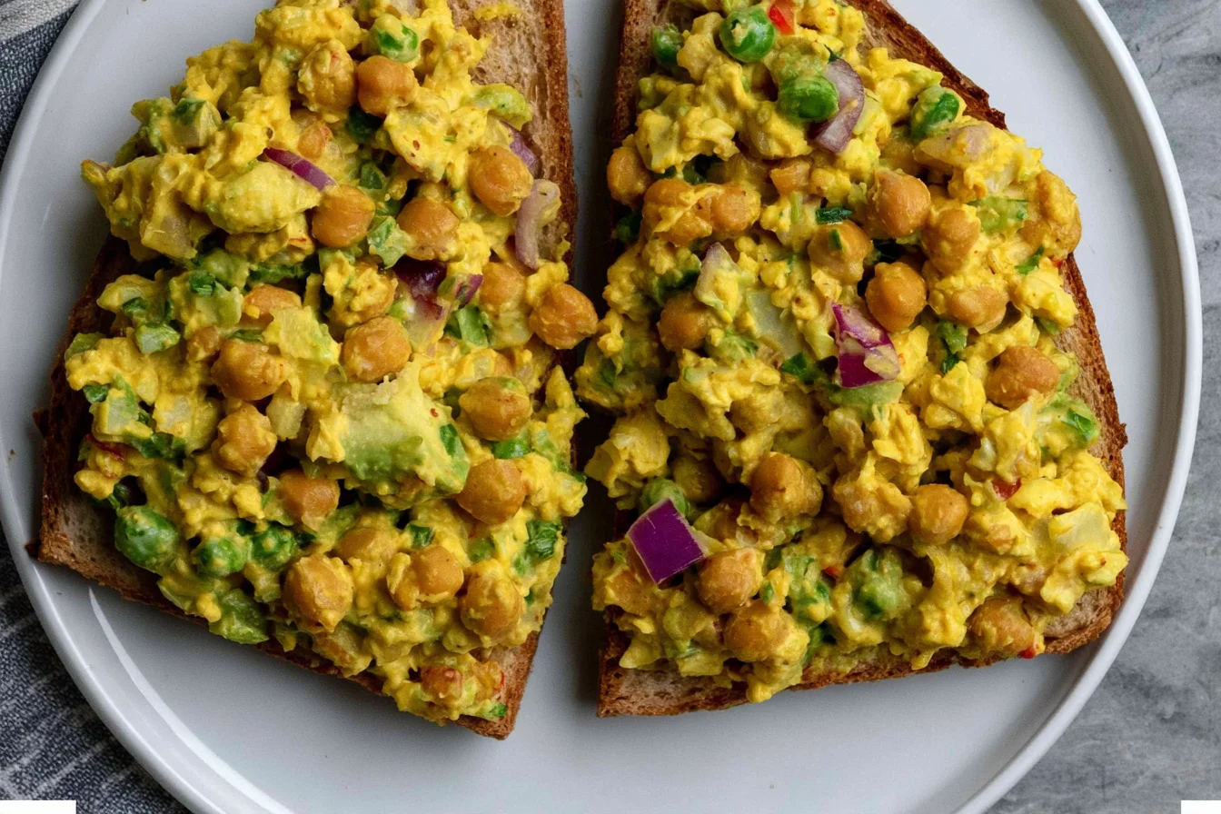 Curried Chickpea Salad served on toasted bread with chickpeas, red onion, green vegetables, and creamy golden curry dressing.
