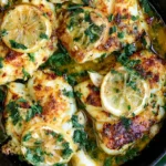 Baked Cod with Lemon and Garlic topped with fresh parsley and roasted lemon slices in a cast-iron skillet.