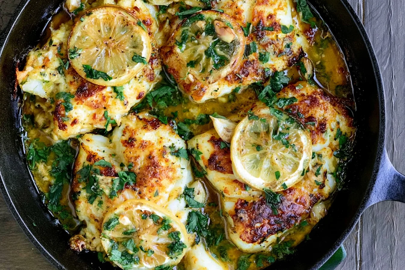 Baked Cod with Lemon and Garlic topped with fresh parsley and roasted lemon slices in a cast-iron skillet.