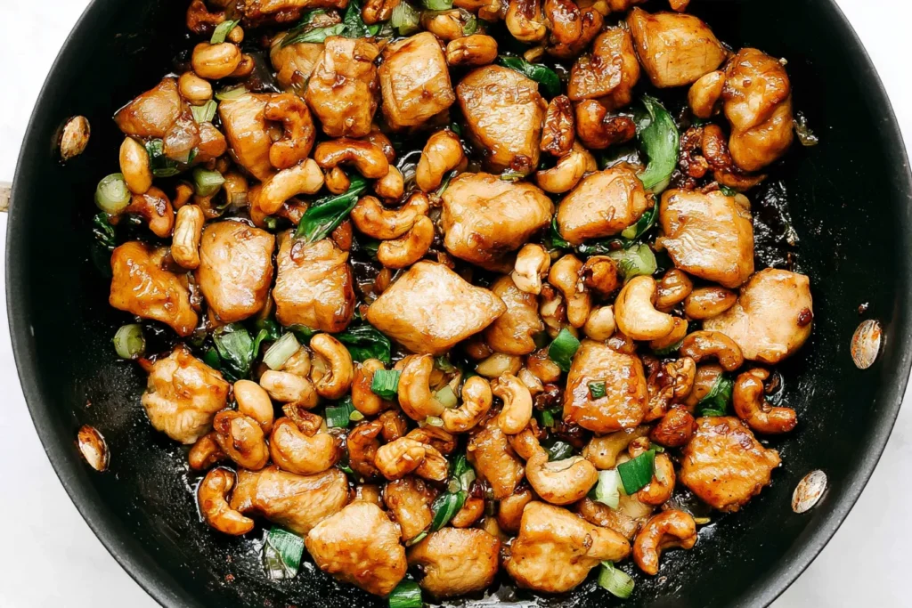 Cashew Chicken with tender glazed chicken pieces, crunchy cashews, green onions, and savory sauce in a skillet