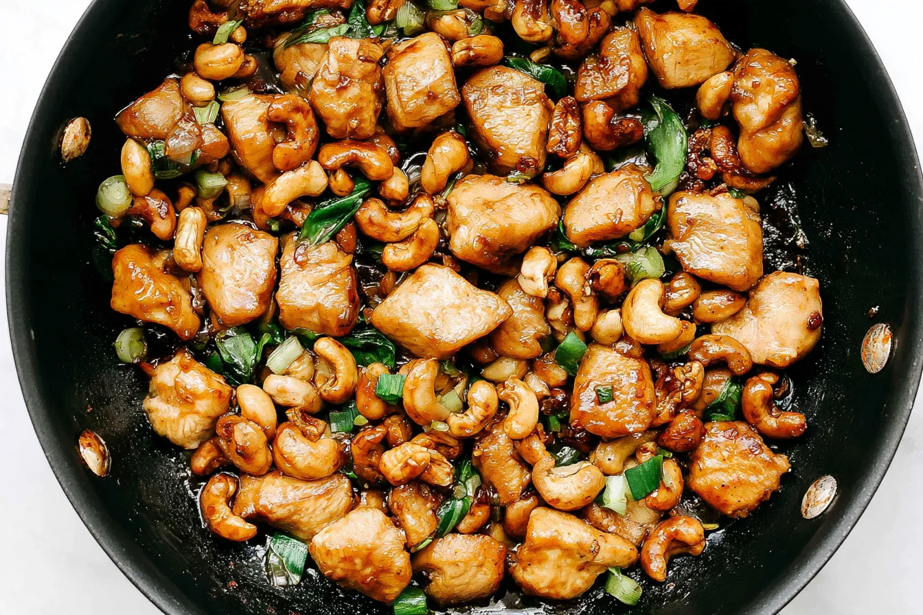 Cashew Chicken with tender glazed chicken pieces, crunchy cashews, green onions, and savory sauce in a skillet