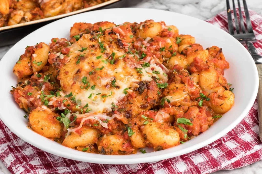 Chicken Parmesan Gnocchi with tender gnocchi, tomato sauce, melted cheese, Parmesan, and fresh herbs served on a white plate.