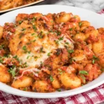 Chicken Parmesan Gnocchi with tender gnocchi, tomato sauce, melted cheese, Parmesan, and fresh herbs served on a white plate.