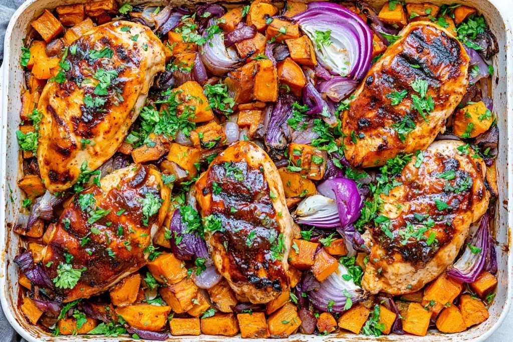 Chili Brown Sugar Chicken and Sweet Potatoes with glazed chicken breasts, roasted sweet potato cubes, red onions, and fresh herbs.
