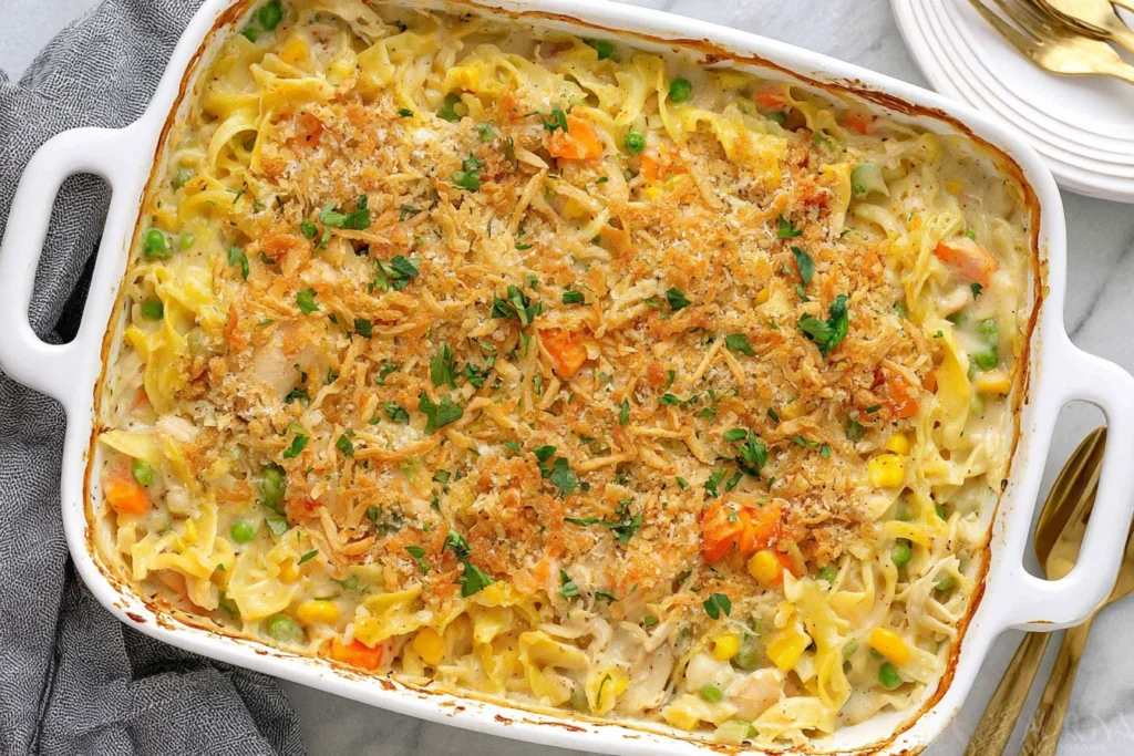 Chicken Noodle Casserole with creamy egg noodles, tender chicken, peas, carrots, corn, and a golden crispy topping.