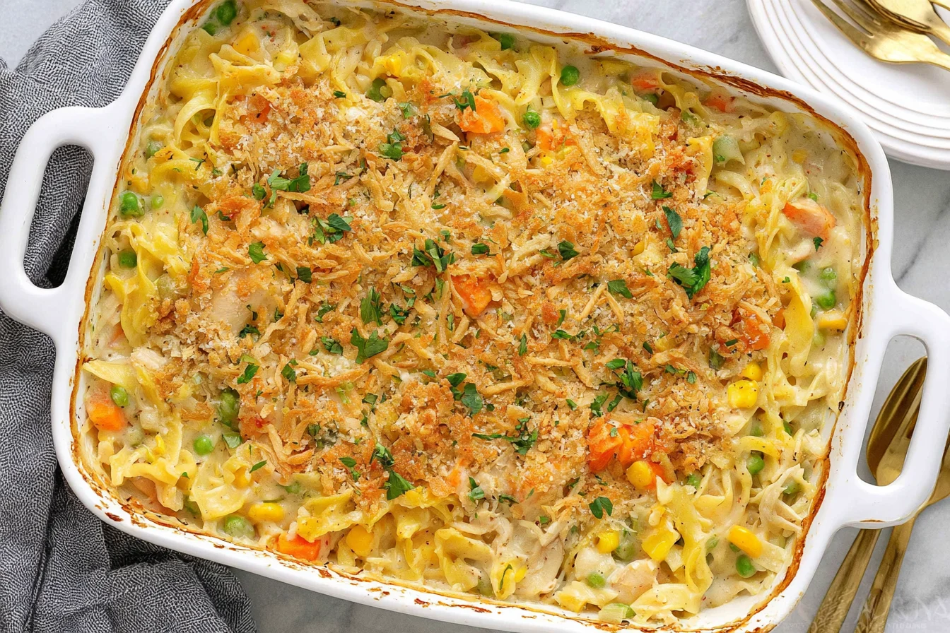 Chicken Noodle Casserole with creamy egg noodles, tender chicken, peas, carrots, corn, and a golden crispy topping.