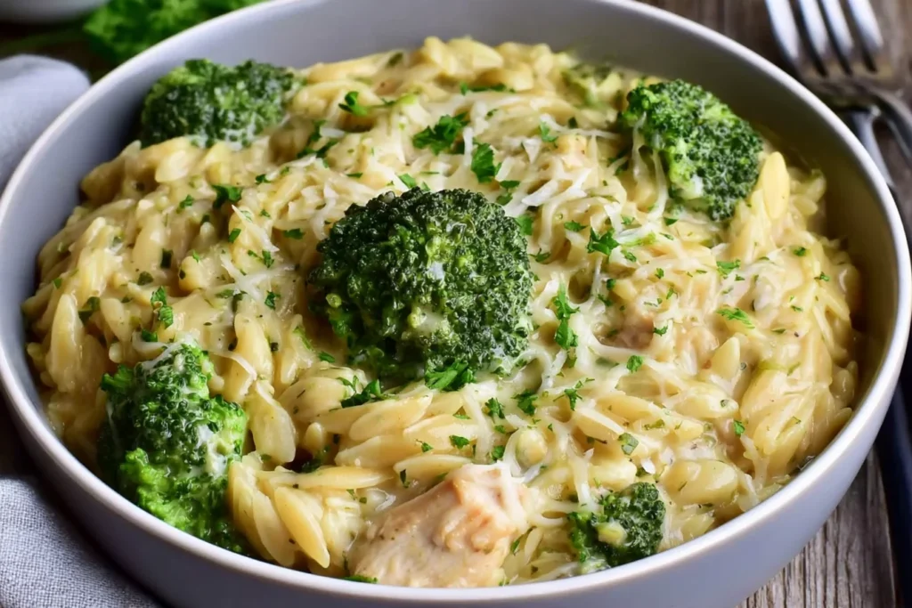 One Pot Broccoli Cheese Orzo with tender broccoli, creamy cheese sauce, Parmesan, and fresh herbs in a bowl