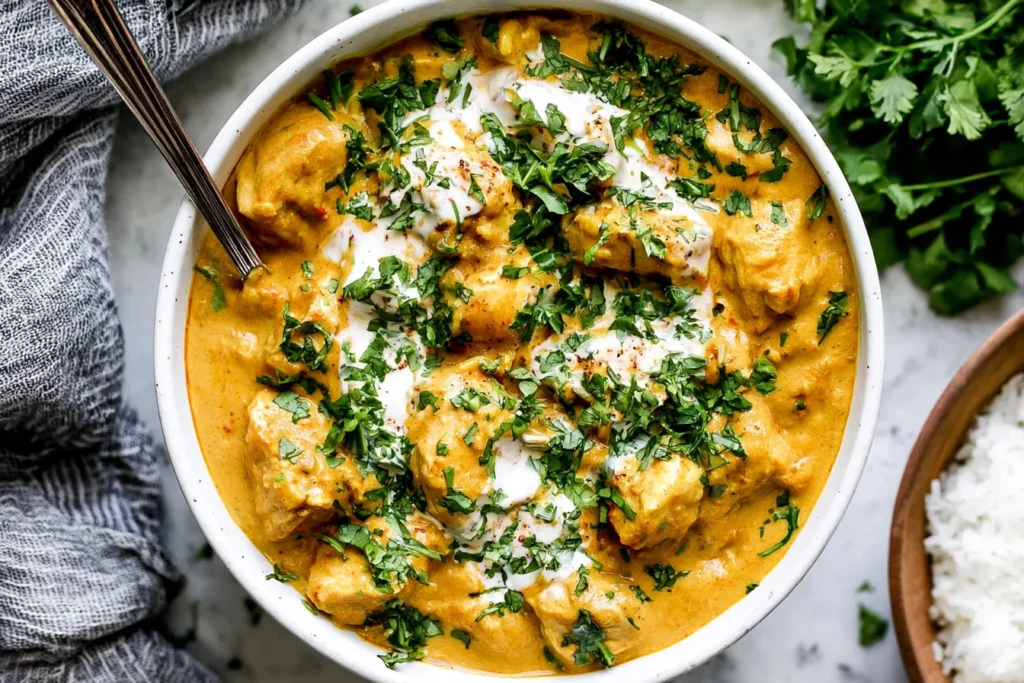 Slow Cooker Chicken Korma with tender chicken in a rich golden coconut curry sauce, topped with yogurt and fresh cilantro.