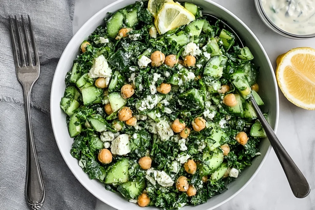Kale Chickpea Salad with Lemon Tahini Dressing with cucumber, chickpeas, feta, fresh herbs, and lemon wedges in a serving bowl.