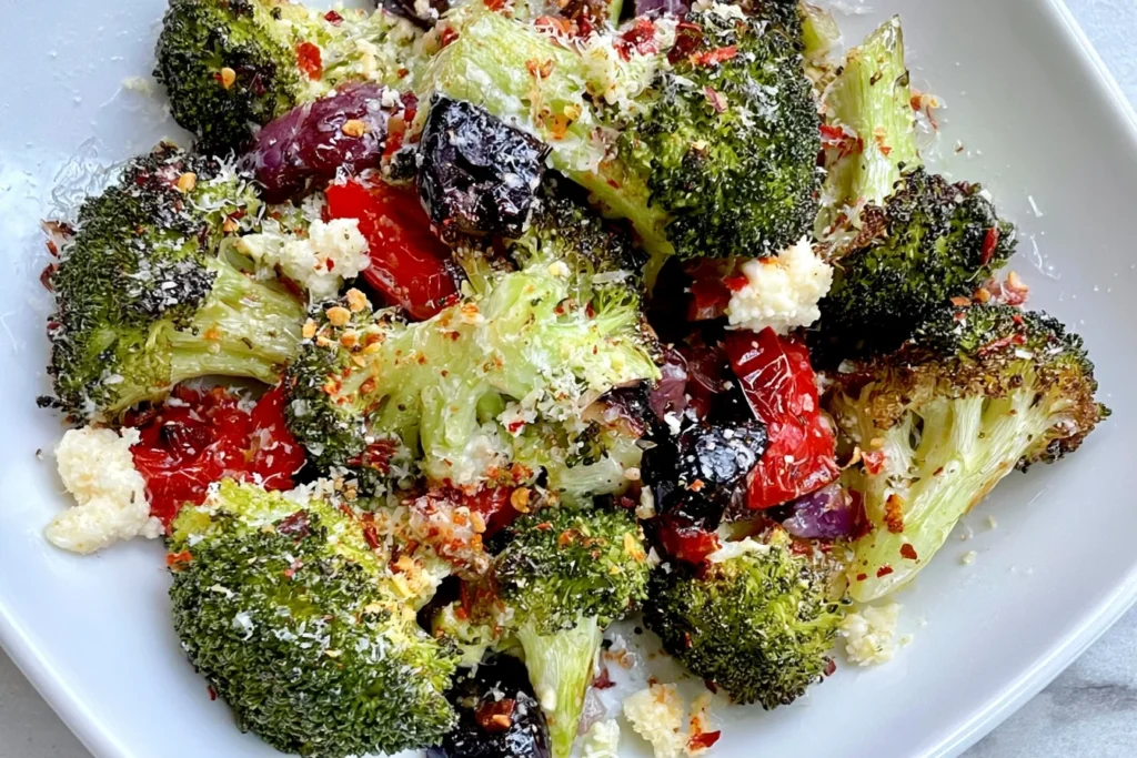 Mediterranean Broccoli Bake with roasted broccoli, Kalamata olives, red peppers, feta cheese, Parmesan, and herbs served on a white plate.