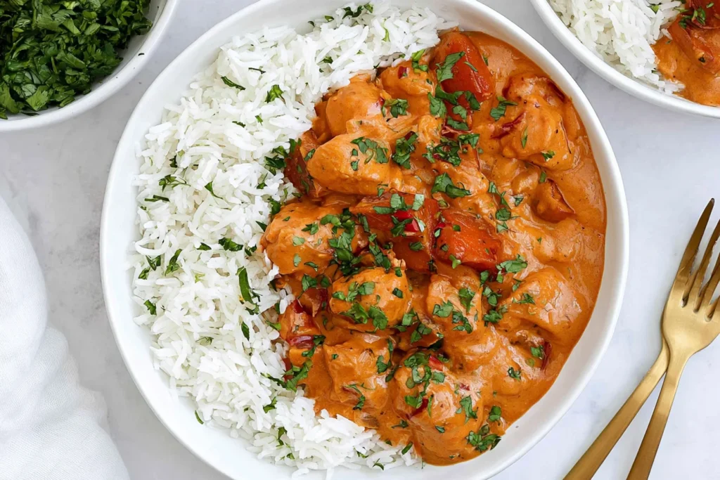Pumpkin Chicken Curry with creamy pumpkin coconut sauce, tender chicken, white rice, red peppers, and fresh cilantro.