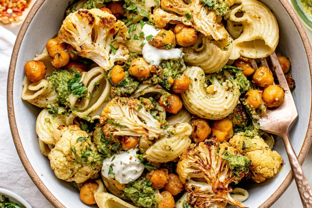 Roasted Cauliflower and Chickpea Pesto Pasta with golden cauliflower, crispy chickpeas, creamy ricotta, fresh herbs, and basil pesto.