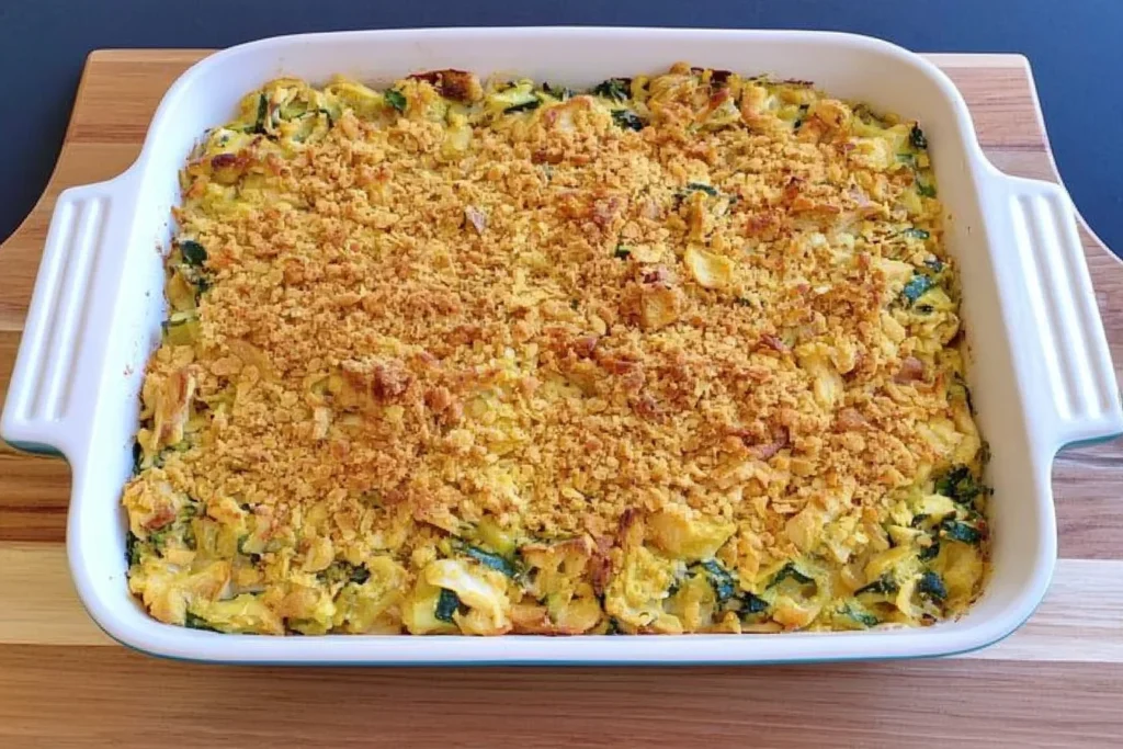 : Rotisserie Chicken & Zucchini Casserole with creamy chicken, tender zucchini, and a crispy golden stuffing topping