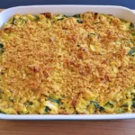 : Rotisserie Chicken & Zucchini Casserole with creamy chicken, tender zucchini, and a crispy golden stuffing topping