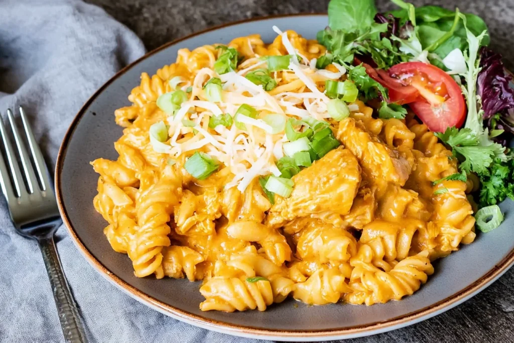Slow Cooker Chicken Enchilada Pasta with tender chicken, rotini, creamy enchilada sauce, shredded cheese, and green onions.