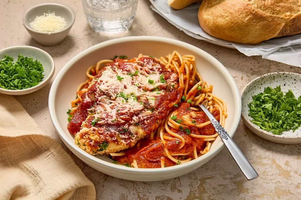 Spinach Ricotta Chicken topped with marinara and Parmesan, served over spaghetti with fresh herbs and crusty bread.