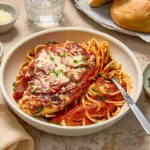Spinach Ricotta Chicken topped with marinara and Parmesan, served over spaghetti with fresh herbs and crusty bread.
