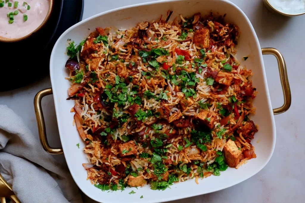 Tikka Masala Rice Bake with crispy tofu, fluffy basmati rice, roasted peppers, onions, and fresh cilantro in a white baking dish