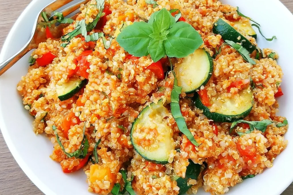Tomato & Basil Quinoa Risotto with fresh tomatoes, zucchini, basil, and fluffy quinoa served in a white bowl.