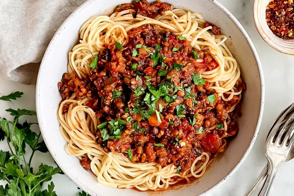 Vegan Lentil Bolognese with spaghetti, hearty tomato lentil sauce, fresh herbs, and red pepper flakes