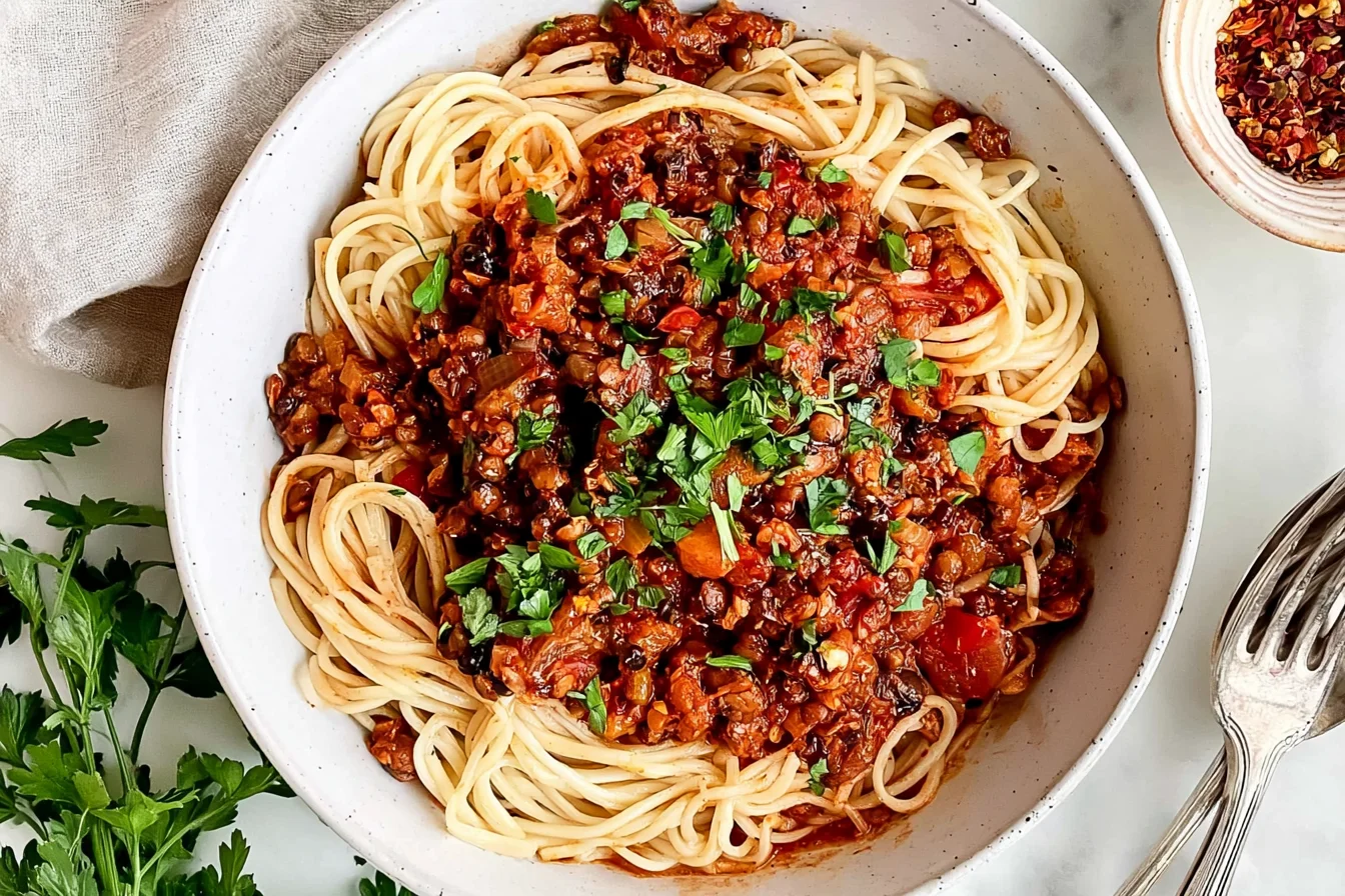 Vegan Lentil Bolognese with spaghetti, hearty tomato lentil sauce, fresh herbs, and red pepper flakes