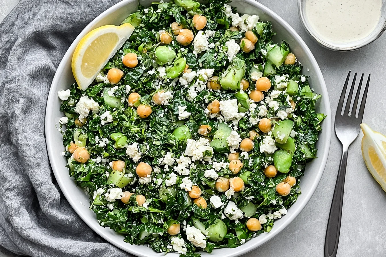 Kale Chickpea Salad with Lemon Tahini Dressing with feta, cucumber, fresh herbs, chickpeas, and lemon in a white bowl.