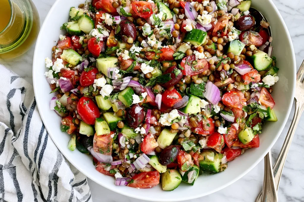 Mediterranean Lentil Salad with cucumber, tomatoes, Kalamata olives, feta, red onion, lentils, and chopped fresh herbs