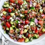 Mediterranean Lentil Salad with cucumber, tomatoes, Kalamata olives, feta, red onion, lentils, and chopped fresh herbs