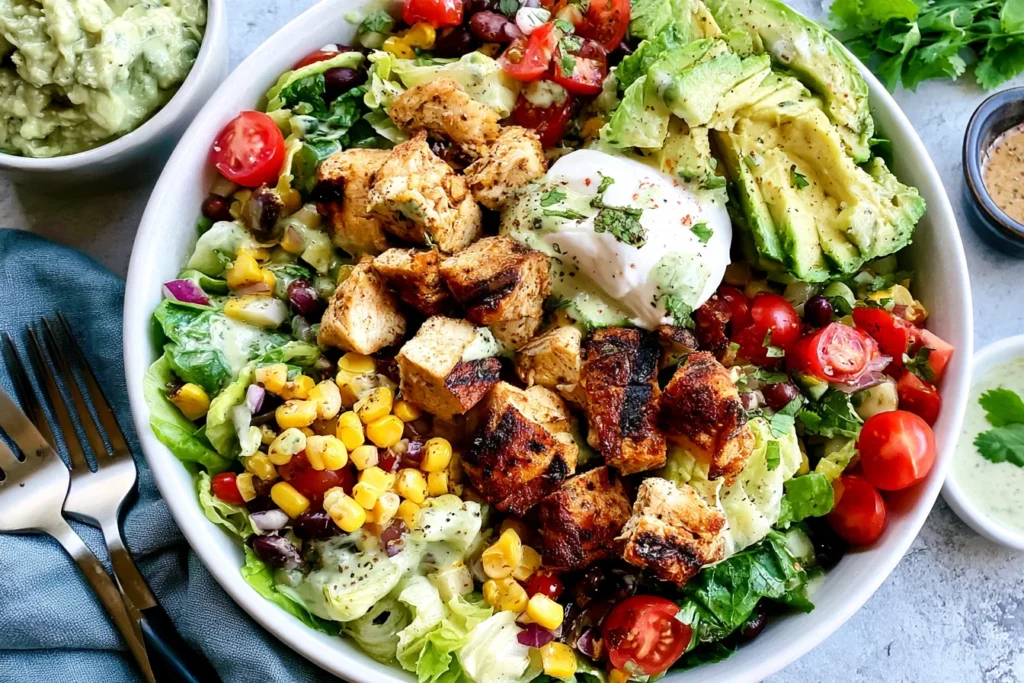 Santa Fe Salad with grilled chicken, avocado, black beans, corn, tomatoes, romaine, and creamy dressing in a large bowl.