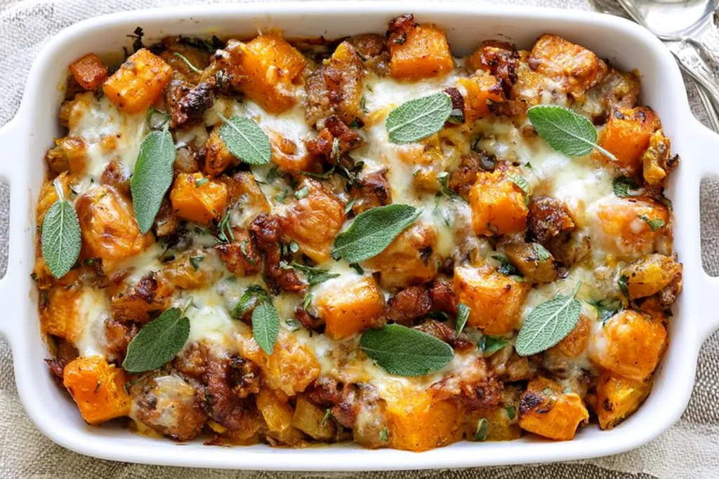 Butternut Squash Casserole with golden roasted squash, savory Italian sausage, melted Gruyère cheese, and fresh sage leaves.