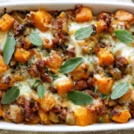 Butternut Squash Casserole with golden roasted squash, savory Italian sausage, melted Gruyère cheese, and fresh sage leaves.