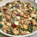 Healthier Marry Me Ground Chicken Skillet with spinach, sun-dried tomatoes, mushrooms, and Parmesan cheese in a creamy Italian-style sauce
