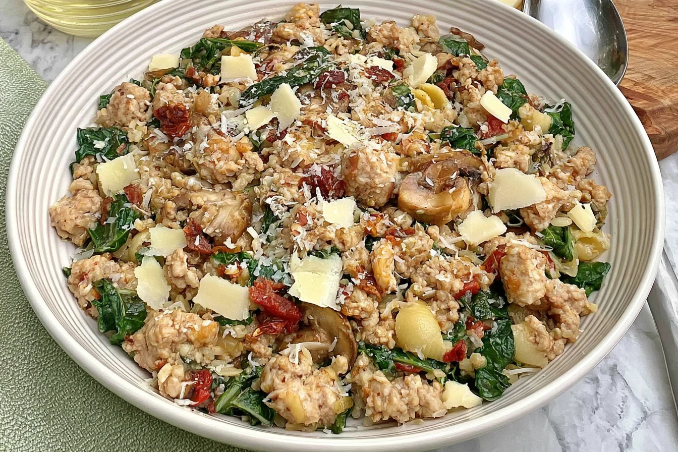 Healthier Marry Me Ground Chicken Skillet with spinach, sun-dried tomatoes, mushrooms, and Parmesan cheese in a creamy Italian-style sauce