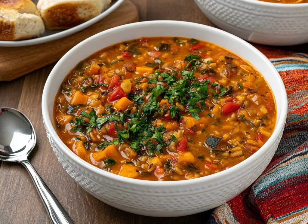 Spicy Sweet Potato Vegetable and Rice Soup topped with fresh herbs, featuring tender sweet potatoes, vegetables, and rice in a rich broth.