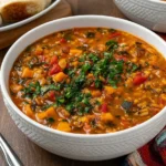 Spicy Sweet Potato Vegetable and Rice Soup topped with fresh herbs, featuring tender sweet potatoes, vegetables, and rice in a rich broth.