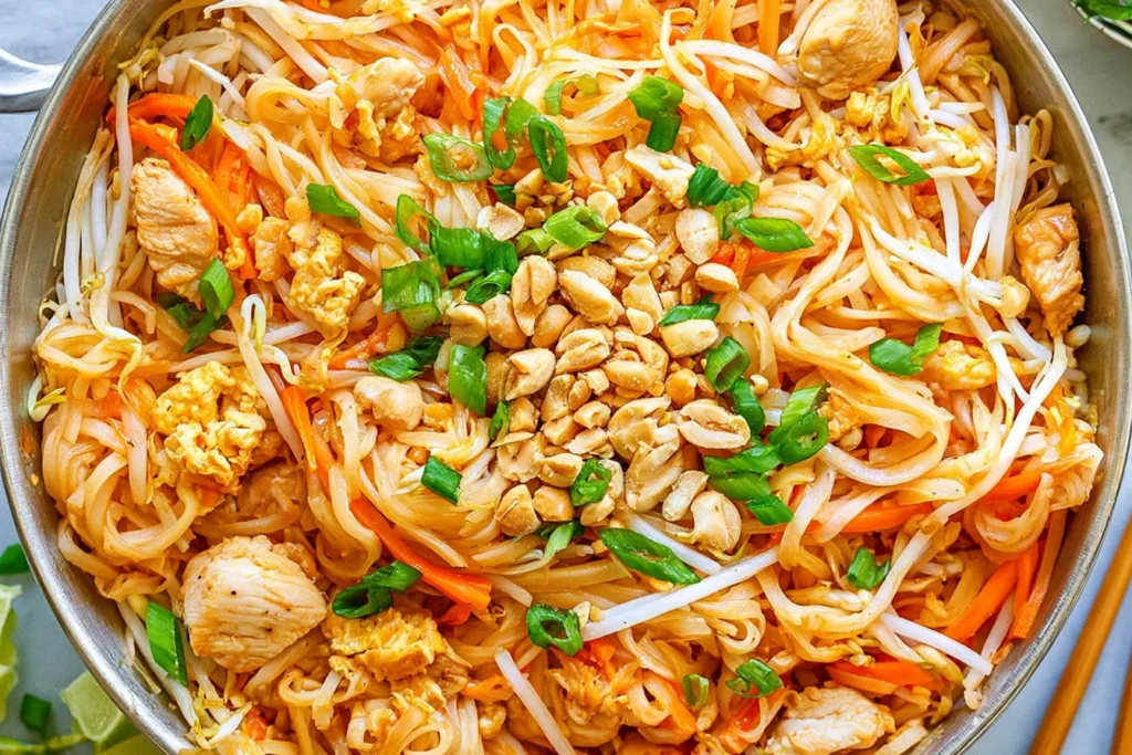 Chicken Pad Thai with rice noodles, tender chicken, bean sprouts, carrots, scrambled egg, peanuts, and green onions.