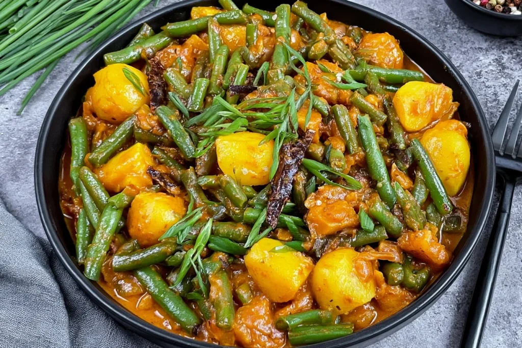 Green Bean Curry with tender potatoes, fresh green beans, herbs, and a rich, aromatic spiced sauce.